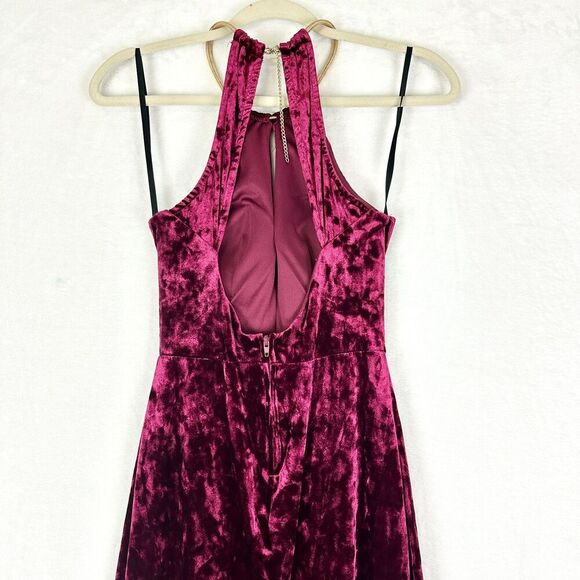 B Darlin Vingate Y2K Velvet Maxi Dress Size 1/2 Burgundy Open Back Thigh Slit - Picture 6 of 8